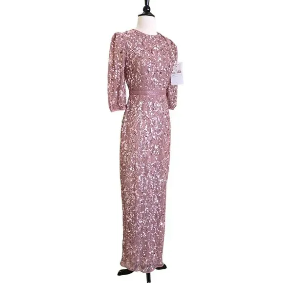 Mac Duggal 93790 Pink Rosewood Beaded Sequin Gown Puff Sleeve Formal Dress 16 - Picture 5 of 14